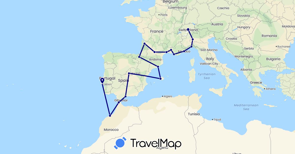 TravelMap itinerary: driving in Switzerland, Spain, France, Italy, Morocco, Monaco, Portugal (Africa, Europe)