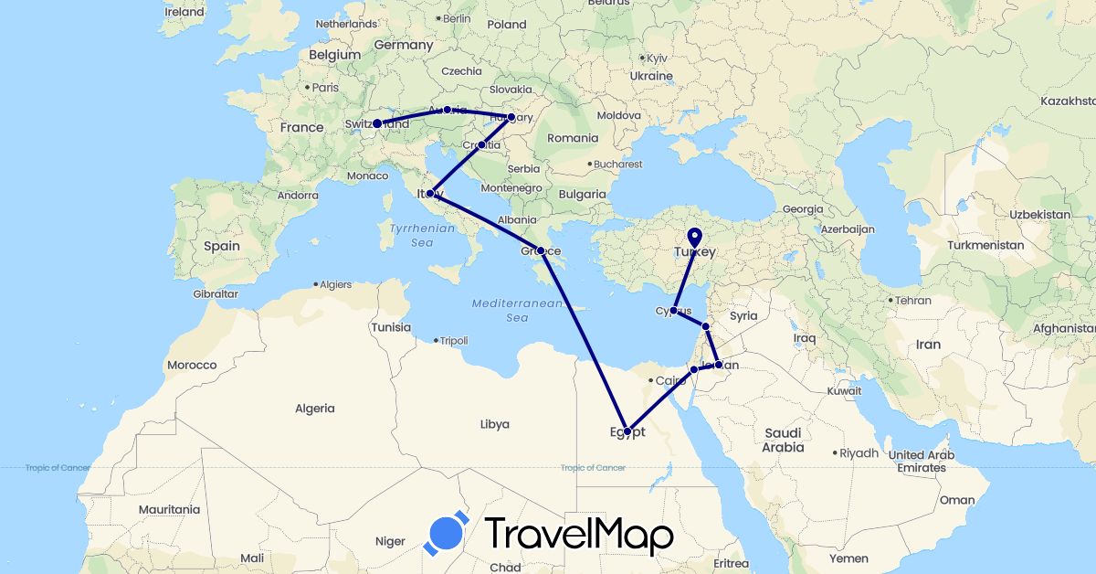 TravelMap itinerary: driving in Austria, Switzerland, Cyprus, Egypt, Greece, Croatia, Hungary, Italy, Jordan, Lebanon, Turkey (Africa, Asia, Europe)