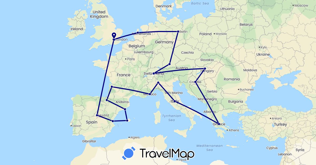 TravelMap itinerary: driving in Switzerland, Germany, Spain, France, United Kingdom, Greece, Croatia, Hungary, Italy, Monaco, Netherlands (Europe)